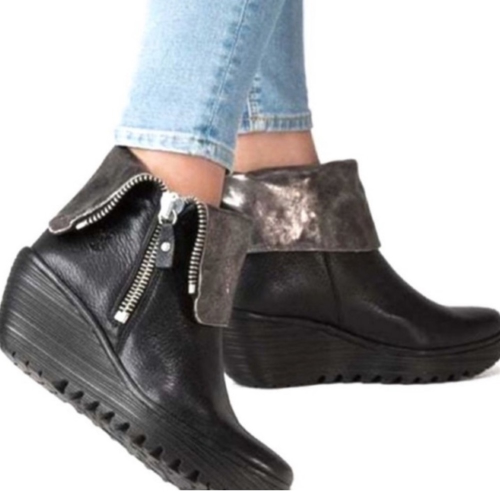 FLY London Yex Leather Fold-over Wedge  Boots
